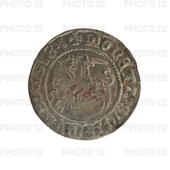 Lithuanian half-grosz, Sigismund I the Old (king of Poland; 1506–1548). Obverse: Chaser turned left; in rim between pearl borders an inscription: + MONETA, IGISMVNDI:1518:. Reverse: Polish crowned eagle; in rim between pearl borders an inscription: + MAGNI:DVCIS:LITVANIE:. Dated 1518. Grand Duchy of Lithuania (Vilnius). Polish coin; Jagiellonian dynasty; coats of arms (eagle, Chaser). R8 (rarity).