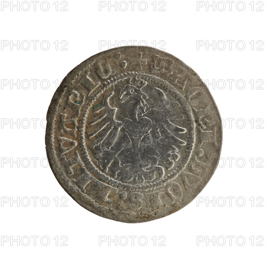 Lithuanian half-grosz, Sigismund I the Old (king of Poland; 1506–1548). R8 (rarity). Polish coin, Jagiellonian dynasty. Obverse: Chaser (coat of arms of Lithuania) turned left; in the rim between pearl borders an inscription: + MONETA IGISMVNDI:1518:. Reverse: Polish crowned eagle; in the rim between pearl borders an inscription: + MAGNI:DVCIS:LITVANIE:. 1518. Grand Duchy of Lithuania (Vilnius), Poland.