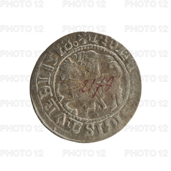 Lithuanian half-grosz, Sigismund I the Old (king of Poland; 1506–1548), R8 (rarity), Polish coin from the Jagiellonian dynasty. Obv.: Chaser (Chaser coat of arms) turned left; in the rim between pearl borders an inscription: + MONE, IGISMVNDI, 1518. Rev.: Polish Eagle with a crown; in the rim between pearl borders an inscription: + MAGNI, D, S: LITVANIE, 1518. Grand Duchy of Lithuania, Vilnius, Poland.