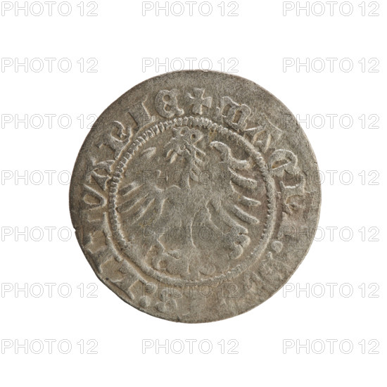 Lithuanian half-grosz, Sigismund I the Old (king of Poland; 1506–1548). R8 (rarity). Polish coin from 1518, Grand Duchy of Lithuania, Vilnius. Obverse: Chaser turned left; in the rim between pearl borders an inscription: + MONE, IGISMVNDI, 1518. Reverse: Polish crowned eagle; in the rim between pearl borders an inscription: + MAGNI, D, S:LITVANIE, 1518. Subjects/topics: Jagiellonians dynasty; coats of arms; eagles; Chaser (coat of arms).