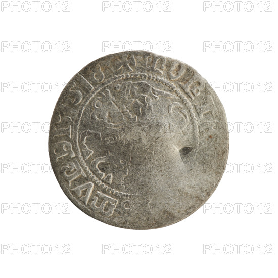 Lithuanian half-grosz, Sigismund I the Old (king of Poland; 1506–1548). Obverse: Pogon (Lithuanian horseman) turned left; in the rim between pearl borders an inscription: + MON · MVNDI · 1518. Reverse: crowned Polish eagle; in the rim between pearl borders an inscription: MAGNI · DVCIS · LITVA · 1518. Polish coin, Grand Duchy of Lithuania, Vilnius.