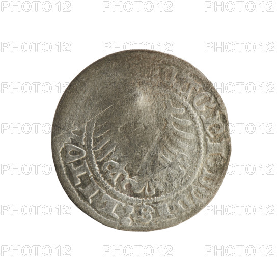 Lithuanian half-grosz, Sigismund I the Old (king of Poland; 1506–1548). Silver coin (half-grosz), 1518. Obverse: Pogon (Lithuanian mounted knight) turned left; legend in rim between pearl borders: + MON, MVNDI:1518. Reverse: crowned Polish eagle; legend in rim between pearl borders: MAGNI:DVCIS:LITVA, 1518. Emblems: eagle and Pogon. Associated with the Jagiellon dynasty; Grand Duchy of Lithuania / Poland.
