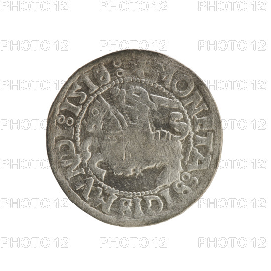 Lithuanian half-grosz, Sigismund I the Old (king of Poland; 1506–1548). Silver coin, dated 1518. Obverse: Pursuer (emblem of Lithuania) turned left; rim inscription between pearl borders: ONETA:SIGISMVNDI:1518. Reverse: Crowned Polish eagle; rim inscription between pearl borders: + MAGNI:DVCIS:LITVANIE. Grand Duchy of Lithuania; Poland; Jagiellon dynasty; emblems: eagle and pursuer.