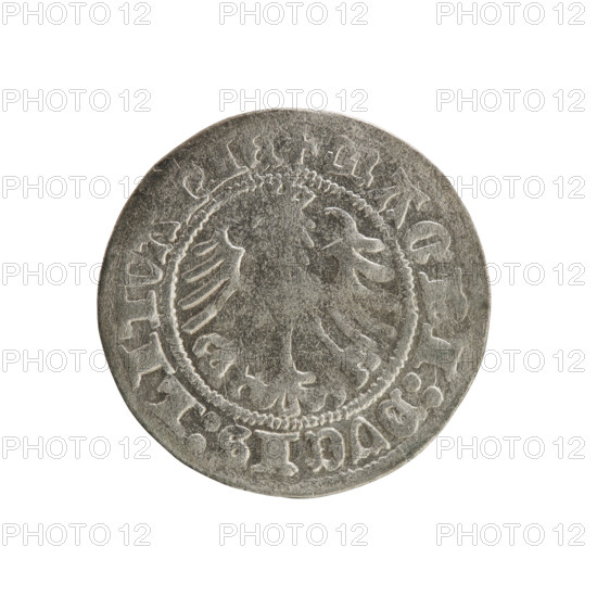 Lithuanian half-grosz, Sigismund I the Old (king of Poland; 1506–1548). Polish coin (Jagiellon dynasty), 1518. Obverse: Pursuer (emblem of Lithuania) turned left; in the rim between pearl borders an inscription: ONETA:SIGISMVNDI:1518:. Reverse: Crowned Polish eagle; in the rim between pearl borders an inscription: + MAGNI:DVCIS:LITVANIE. Grand Duchy of Lithuania, Vilnius.