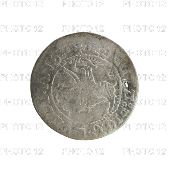 Lithuanian half-grosz, Sigismund I the Old (king of Poland; 1506–1548). Polish coin, Jagiellon dynasty. Obverse: Pursuer (Pogonia) turned left; in the rim between pearl borders an inscription: + MONE, A:SIGIS, I:1518:. Reverse: Crowned Polish Eagle; in the rim between pearl borders an inscription: VCIS:LITVAN, E:, 1518. Grand Duchy of Lithuania, Vilnius; coin.