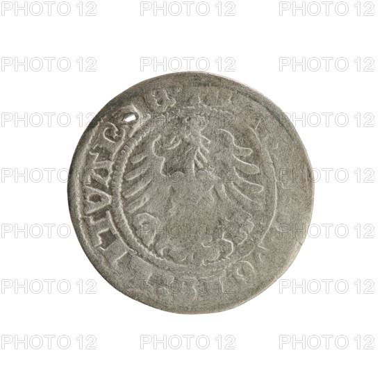 Lithuanian half-grosz, Sigismund I the Old (king of Poland; 1506–1548). Silver coin (half-grosz), 1518. Obverse: Pursuer (Pogonia) turned left; in the rim between pearl borders an inscription: + MONE, A:SIGIS, I:1518:. Reverse: Polish crowned eagle; in the rim between pearl borders an inscription: VCIS:LITVAN, E:, 1518. Emblems: eagle and Pursuer (Lithuania). Jagiellon dynasty; Grand Duchy of Lithuania; Poland; minted in Vilnius.
