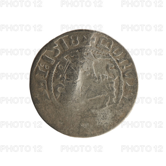 Lithuanian half-grosz, Sigismund I the Old (king of Poland; 1506–1548). Polish coin of the Jagiellon dynasty. Obverse: Pogon (Lithuanian knight) turned left; in the rim between pearl borders an inscription: + MONE, DI:1518. Reverse: Polish crowned eagle; in the rim between pearl borders an inscription: + MAGNI:D, VANIE, 1518. Grand Duchy of Lithuania, Vilnius.
