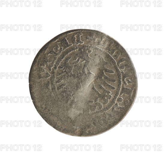 Lithuanian half-grosz, Sigismund I the Old (king of Poland; 1506–1548). Silver coin (half-grosz), 1518. Obverse: Pogon (Lithuanian knight) turned left; in rim between pearl borders an inscription: + MONE, DI:1518. Reverse: Polish crowned eagle; in rim between pearl borders an inscription: + MAGNI:D, VANIE, 1518. Grand Duchy of Lithuania; Vilnius.