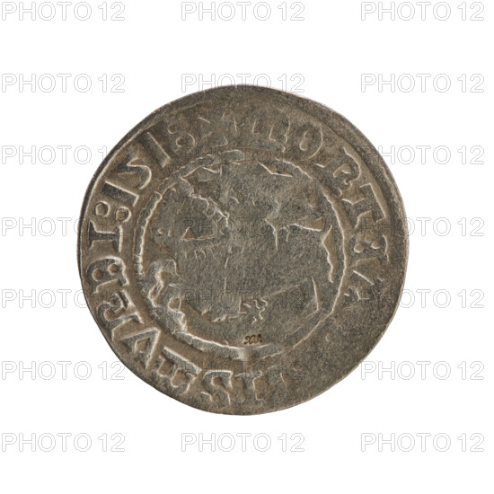Lithuanian half-grosz, Sigismund I the Old (king of Poland; 1506–1548). Obv.: Pogon turned to the left; in the rim between pearl borders an inscription: + MON, GISMVNDI:1518. Rev.: Polish Eagle with a crown; in the rim between pearly borders an inscription: + M, NI:DVCIS:LITVANIE:, 1518. Coin of the Grand Duchy of Lithuania, Vilnius, Poland.