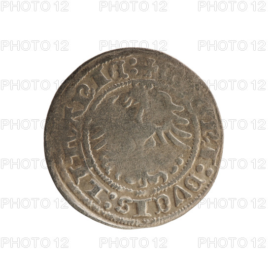 Lithuanian half-grosz, Sigismund I the Old (king of Poland; 1506–1548), Polish coin, Jagiellon dynasty; obverse: Pogon (Lithuanian charging knight) turned to the left, in the rim between pearl borders an inscription: + MON, GISMVNDI:1518; reverse: crowned Polish Eagle, in the rim between pearl borders an inscription: + M, NI:DVCIS:LITVANIE:, 1518; Grand Duchy of Lithuania, Vilnius; material: coin.