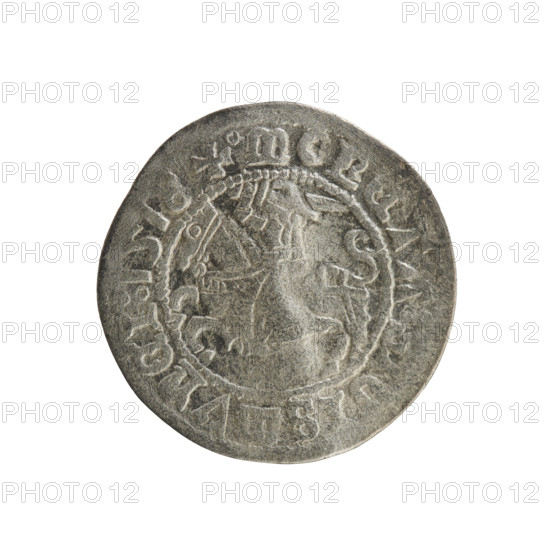 Lithuanian half-grosz, Sigismund I the Old (king of Poland; 1506–1548). Obverse: Pursuer (Lithuanian emblem) turned left; in the rim between pearl borders an inscription: + M, NETA, SIGISMVNDI:1518. Reverse: Polish crowned eagle; in the rim between pearl borders an inscription: + M, I, DVCIS:LITVANIE:; 1518. Polish coin of the Jagiellon dynasty; Grand Duchy of Lithuania, Vilnius.