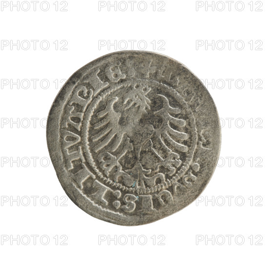 Lithuanian half-grosz, Sigismund I the Old (king of Poland; 1506–1548). Obverse: Pursuer (Pogon) turned left; in the rim between pearl borders an inscription: + M, NETA, SIGISMVNDI:1518. Reverse: Polish crowned eagle; in the rim between pearl borders an inscription: + M, I, DVCIS:LITVANIE:, 1518. Silver coin of the Grand Duchy of Lithuania (Vilnius), Jagiellon dynasty; emblems: eagle and Pursuer.