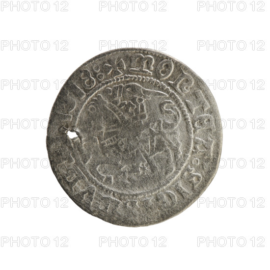 Lithuanian half-grosz, Sigismund I the Old (king of Poland; 1506–1548). Silver coin, 1518. Obverse: Pursuer (Pogonia) turned left; inscription in rim between pearl borders: + MON:SIGISMVNDI:1518. Reverse: Crowned Polish eagle; inscription in rim between pearl borders: + MAGNI:DVCIS:LITVA:1518. Jagiellon dynasty; Grand Duchy of Lithuania (Vilnius), Poland.