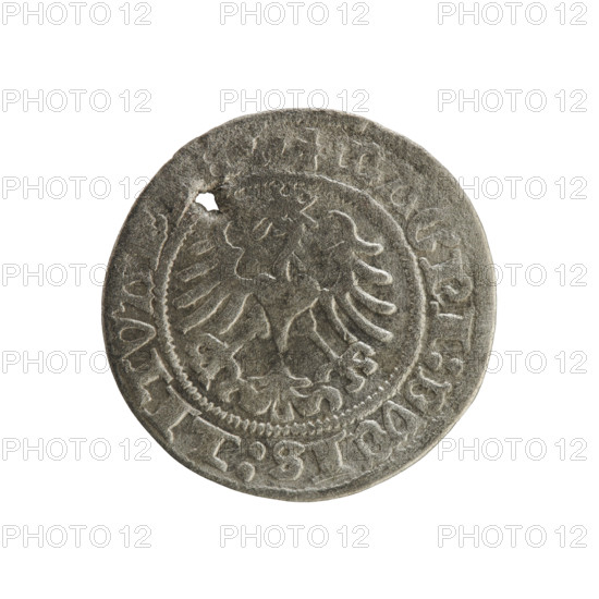 Lithuanian half-grosz, Sigismund I the Old (king of Poland; 1506–1548). Obverse: Pursuer (Pogonia) turned left; inscription in rim between pearl borders: + MON: SIGISMVNDI: 1518. Reverse: Crowned Polish eagle; inscription in rim between pearl borders: + MAGNI: DVCIS: LITVA: 1518. Jagiellon dynasty; emblems: eagle and Pursuer (Lithuania); Grand Duchy of Lithuania; coin; 1518.