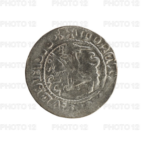 Lithuanian half-grosz, Sigismund I the Old (King of Poland; 1506–1548). Silver coin (half-grosz), 1518. Obverse: Pogon (Lithuanian mounted knight) turned left; rim between pearl borders with inscription '+ MONET, VNDI:1, .:' Reverse: Polish crowned eagle; rim between pearl borders with inscription '+ M, NI:DVCI, :, VANIE:, 1518'. Grand Duchy of Lithuania, Vilnius.