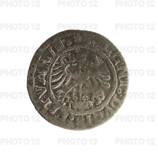 Lithuanian half-grosz, Sigismund I the Old (king of Poland; 1506–1548). Silver coin (half-grosz), 1519. Obverse: Pursuer (Pogonczyk) turned left; inscription in rim between pearl borders: MO TA:SIGISMV DI. Reverse: Crowned Polish Eagle; inscription in rim between pearl borders: AGNI:DVCIS:LIT.VANI. Grand Duchy of Lithuania (Vilnius). Jagiellon dynasty; emblems: eagle and Pursuer.