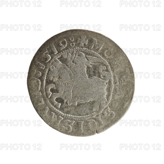 Lithuanian half-grosz, Sigismund I the Old (king of Poland; 1506–1548). Polish coin (Jagiellon dynasty). Obverse: Pursuer (Lithuanian emblem) turned left; in the rim between pearl borders an inscription: + MO, A, SIGISM, :1519:. Reverse: Polish eagle with a crown; in the rim between pearl borders an inscription: I:DVCIS:LI, A, IE, 1519. Grand Duchy of Lithuania, Vilnius, 1519.