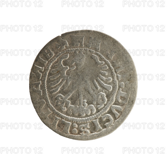 Lithuanian half-grosz, Sigismund I the Old (king of Poland; 1506–1548). Polish coin (Jagiellon dynasty). Obverse: Pursuer (Lithuanian emblem) turned left; in rim between pearl borders an inscription: + MO, A, SIGISM, :1519:. Reverse: Crowned Polish eagle; in rim between pearl borders an inscription: I:DVCIS:LI, A, IE, 1519. Grand Duchy of Lithuania; Vilnius; coin.