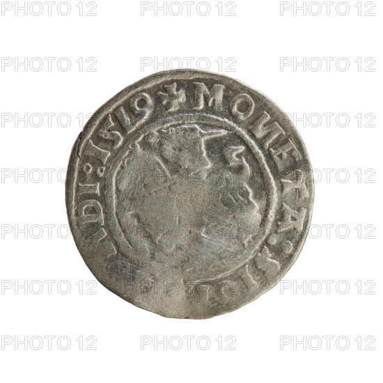 Lithuanian half-grosz, Sigismund I the Old (king of Poland; 1506–1548). Polish coin (Jagiellon dynasty). Obverse: Pursuer turned left; in the rim between pearl borders an inscription: + MO, ETA:SI, DI:1519. Reverse: Crowned Polish eagle; in the rim between pearly borders an inscription: + MAG, I:DVCIS:LI, E:, 1519. Grand Duchy of Lithuania; Vilnius.
