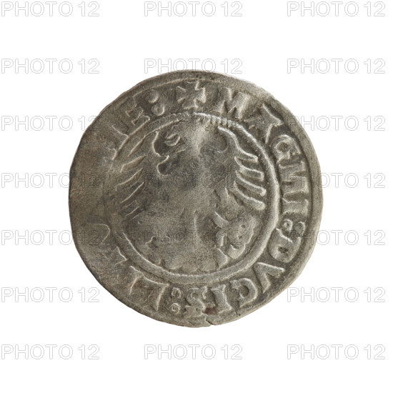 Lithuanian half-grosz, Sigismund I the Old (king of Poland; 1506–1548). Silver coin (half-grosz), 1519. Obverse: Pursuer (Lithuanian emblem) turned left; inscription in rim between pearl borders: + MO, ETA:SI, DI:1519. Reverse: Polish crowned eagle; inscription in rim between pearly borders: + MAG, I:DVCIS:LI, E:, 1519. Jagiellon dynasty; emblems: eagles and Pursuer.
