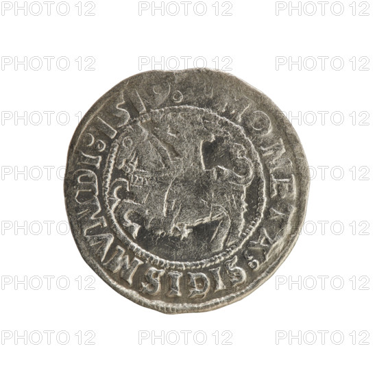 Lithuanian half-grosz, Sigismund I the Old (king of Poland; 1506–1548). Polish coin of the Jagiellon dynasty, dated 1519. Obverse: Pursuer (Pogon) turned left; rim inscription: COIN:SIGISMVNDI:1519. Reverse: Crowned Polish eagle; rim inscription: MAG I DVCIS:LITVA, IE, 1519. Grand Duchy of Lithuania, Vilnius.