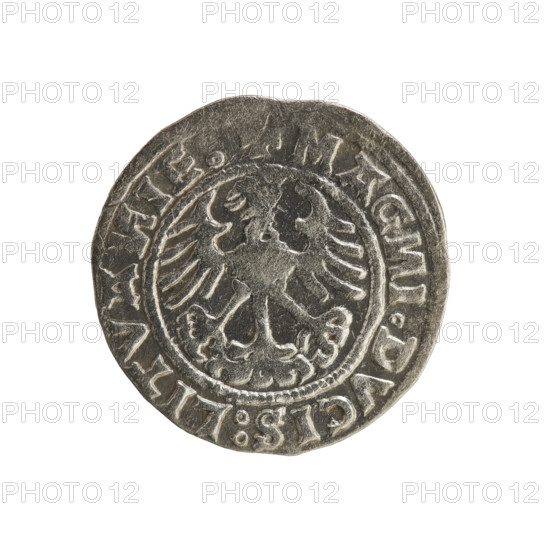 Lithuanian half-grosz, Sigismund I the Old (king of Poland; 1506–1548). Silver coin dated 1519. Obverse: Pursuer (Lithuanian emblem) turned left; rim inscription COIN:SIGISMVNDI:1519 between beaded borders. Reverse: Crowned Polish eagle; rim inscription MAG I DVCIS:LITVA IE 1519 between beaded borders. Jagiellon dynasty; emblems of eagle and Pursuer; Grand Duchy of Lithuania, Vilnius; Polish coin.