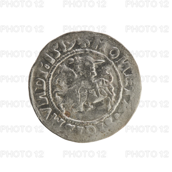 Lithuanian half-grosz, Sigismund I the Old (king of Poland; 1506–1548). Polish coin (Jagiellon dynasty), 1519. Obverse: Pursuer (Pogonia) turned left; rim with pearl borders and inscription '+ MO, ET, GI, MV, DI:1519'. Reverse: Crowned Polish eagle; rim with pearl borders and inscription 'MA, I:DV, IS:LITVA, I, 1519'. Grand Duchy of Lithuania (Vilnius).