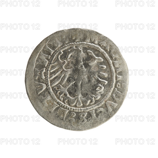 Lithuanian half-grosz, Sigismund I the Old (king of Poland; 1506–1548). Silver coin (half-grosz), dated 1519. Obverse: Pursuer (Pogonia) turned left; rim between pearl borders inscribed '+MOETGIMVDI:1519' (letters separated on coin). Reverse: Crowned Polish eagle; rim between pearl borders inscribed 'MAI:DVIS:LITVA:I:1519' (letters separated on coin). Emblems: eagle and Pursuer; Jagiellon dynasty; Grand Duchy of Lithuania; Vilnius; Poland.