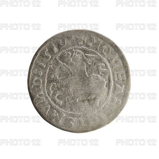 Lithuanian half-grosz, Sigismund I the Old (king of Poland; 1506–1548). Silver coin (half-grosz), 1519. Obverse: Pursuer (Pogonia) turned left; in the rim between pearl borders an inscription: + MO, EA:, MV, D:1519. Reverse: Polish crowned eagle; in the rim between pearl borders an inscription: + MAG, I:, :LITVA, I, 1519. Grand Duchy of Lithuania, Vilnius, Poland. Jagiellon dynasty; emblems: eagle, Pursuer.