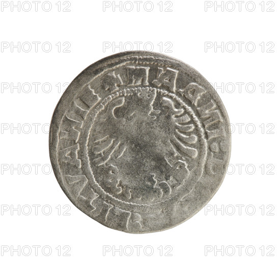 Lithuanian half-grosz, Sigismund I the Old (king of Poland; 1506–1548). Silver coin (half-grosz), 1519. Obverse: Pursuer (Pogonia) turned left; in the rim between pearl borders an inscription: + MO, EA:, MV, D:1519. Reverse: Polish crowned eagle; in the rim between pearly borders an inscription: + MAG, I:, :LITVA, I, 1519. Emblems: eagle, Pursuer (Lithuania). Jagiellon dynasty; Grand Duchy of Lithuania (Vilnius), Poland.