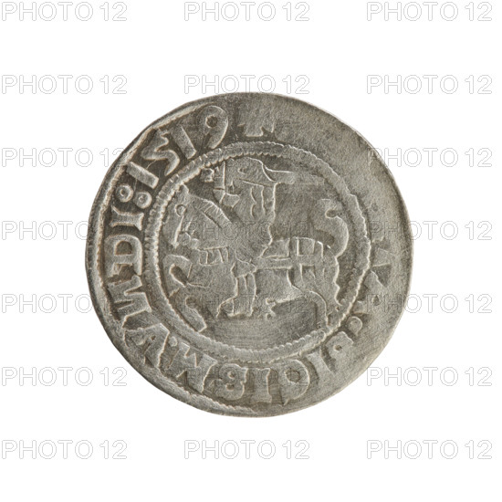 Lithuanian half-grosz, Sigismund I the Old (king of Poland; 1506–1548). Polish coin of the Jagiellon dynasty, 1519. Obverse: Pursuer (Pogonia) turned left; in the rim between pearl borders an inscription: + IGISM.V, DI:1519. Reverse: Crowned Polish eagle; in the rim between pearl borders an inscription: + MAGNI:DVCISLITV, 1519. Grand Duchy of Lithuania, Vilnius.