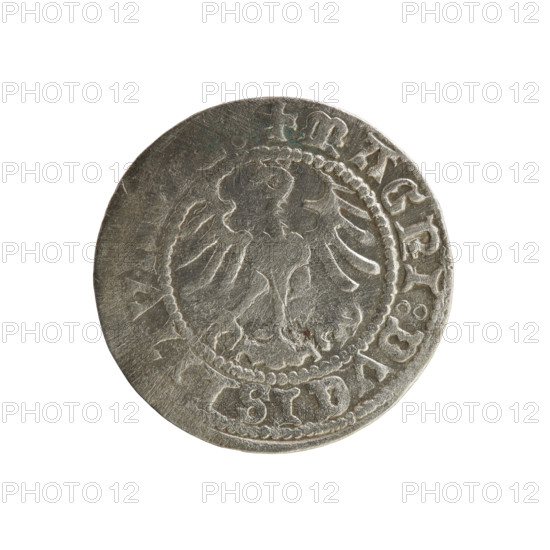 Lithuanian half-grosz, Sigismund I the Old (king of Poland; 1506–1548). Polish coin (Jagiellon dynasty), 1519. Obverse: Pursuer (emblem of Lithuania) turned left; rim inscription between pearl borders: + IGISM.V, DI:1519. Reverse: Crowned Polish eagle; rim inscription between pearl borders: + MAGNI:DVCISLITV, 1519. Grand Duchy of Lithuania, Vilnius.
