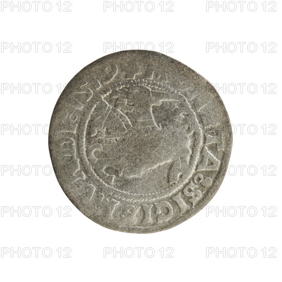 Lithuanian half-grosz, Sigismund I the Old (King of Poland; 1506–1548). R8 (rarity). Polish coin of the Jagiellon dynasty, dated 1519. Obverse: Pogon (Lithuanian coat of arms) turned left; in rim between pearl borders an inscription: + TA:SIGISM, I:1519. Reverse: crowned Polish Eagle; in rim between pearl borders an inscription: + AG, I:DVC, VA, IE, 1519. Grand Duchy of Lithuania, Vilnius.