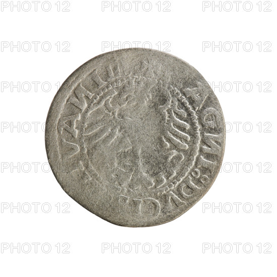 Lithuanian half-grosz, Sigismund I the Old (King of Poland; 1506–1548). Obverse: Pogon (Lithuanian coat of arms) turned left; in the rim between pearly borders an inscription: + TA:SIGISM I:1519. Reverse: Polish crowned eagle; in the rim between pearly borders an inscription: + AG I:DVC VA IE 1519. Silver coin (half-grosz), Grand Duchy of Lithuania, Vilnius; Jagiellon dynasty; coats of arms (eagle, Pogon). R8 (rarity).