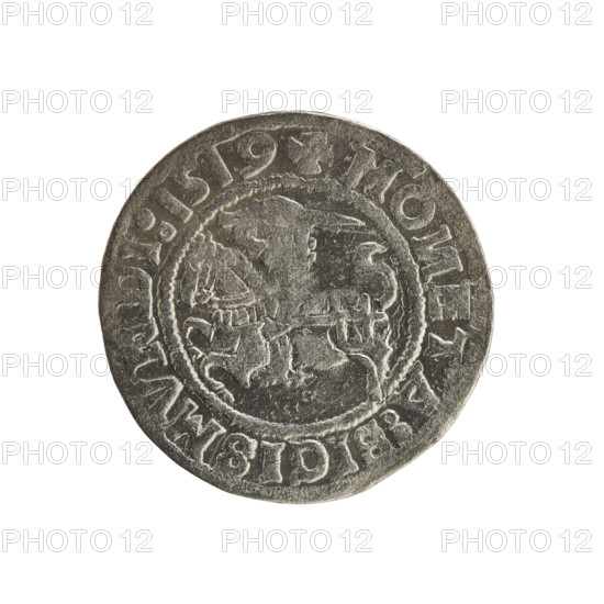 Lithuanian half-grosz, Sigismund I the Old (king of Poland; 1506–1548). Obverse: Pursuer (emblem of Lithuania) turned left; in the rim between pearl borders an inscription: + MO, ETA:SIGISMVNDI:1519. Reverse: Polish crowned eagle; in the rim between pearl borders an inscription: + MAGNI:DVCIS:LITANIE:. Dated 1519. Polish coin of the Jagiellon dynasty, Grand Duchy of Lithuania (Vilnius).