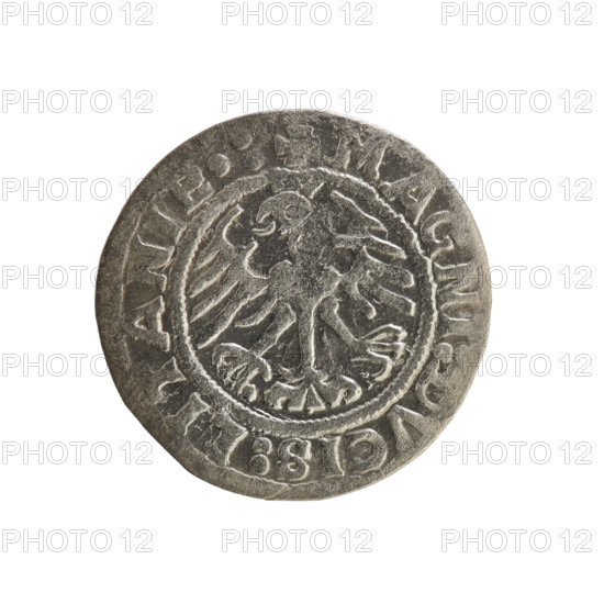 Lithuanian half-grosz, Sigismund I the Old (king of Poland; 1506–1548); 1519. Obverse: Pursuer (Lithuanian emblem) turned left; rim inscription between pearl borders: + MO, ETA:SIGISMVNDI:1519. Reverse: Crowned Polish eagle; rim inscription between pearl borders: + MAGNI:DVCIS:LITANIE:. Silver coin, Jagiellon dynasty emblems; Grand Duchy of Lithuania, Vilnius.