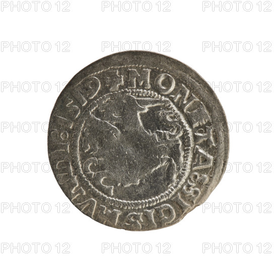 Lithuanian half-grosz, Sigismund I the Old (king of Poland; 1506–1548). Silver coin (half-grosz), 1519. Obverse: Pursuer (Lithuanian emblem) turned left; inscription in rim between pearl borders: + COIN:SIGISMVNDI:1519. Reverse: Polish crowned eagle; inscription in rim between pearl borders: + MAG, I:DVCIS:LITVA, IE, 1519. Associated emblems: eagles; Jagiellon dynasty; Grand Duchy of Lithuania; Poland; Vilnius.