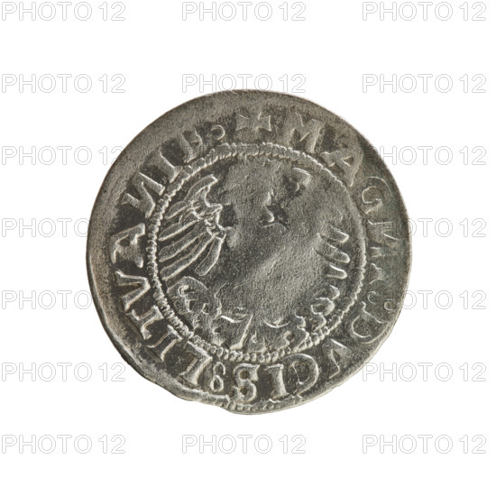 Lithuanian half-grosz, Sigismund I the Old (king of Poland; 1506–1548). Silver coin (half-grosz), 1519. Obverse: Pursuer (symbol of Lithuania) turned left; rim between pearl borders with inscription '+ COIN:SIGISMVNDI:1519'. Reverse: Polish crowned eagle; rim between pearl borders with inscription '+ MAG. I:DVCIS:LITVA, IE, 1519'. Emblems: eagle and Pursuer. Jagiellon dynasty. Grand Duchy of Lithuania; Poland.