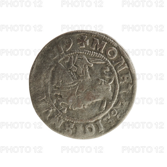 Lithuanian half-grosz, Sigismund I the Old (king of Poland; 1506–1548). Obverse: Pogon (Lithuanian knight) turned left; in the rim between pearl borders an inscription: + MONE, :SIG, SMVN, 19. Reverse: Polish eagle with a crown; in the rim between pearl borders an inscription: AG, I:DVCI, TVA, I, 1519. Silver coin, Grand Duchy of Lithuania, Vilnius, Poland.