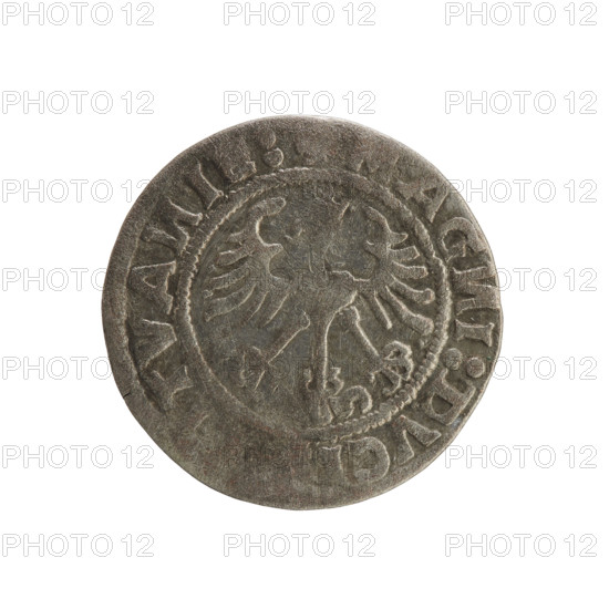 Lithuanian half-grosz, Sigismund I the Old (king of Poland; 1506–1548). Silver coin (half-grosz), 1519. Obverse: Pogon (Horseman) turned left; in rim between pearl borders inscription: + MONE :SIG :SMVN :19. Reverse: Polish crowned eagle; in rim between pearl borders inscription: AG I:DVCI TVA I 1519. Associated emblems: Eagle, Pogon. Grand Duchy of Lithuania, Vilnius; Jagiellon dynasty.