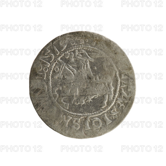 Lithuanian half-grosz, Sigismund I the Old (King of Poland; 1506–1548). Silver coin (half-grosz), 1519. Obverse: Pogon (Lithuanian charging knight) turned left; in rim between pearl-shaped borders an inscription and date 'TA:SIGISMI:1519'. Reverse: Polish crowned eagle; in rim between pearl-shaped borders an inscription with legend elements 'AG, I:DVC, A, IE, 1519'. Associated with the Grand Duchy of Lithuania and Poland; Jagiellon dynasty; emblems: Eagle and Pogon.