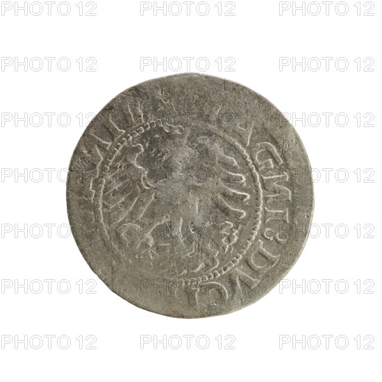 Lithuanian half-grosz, Sigismund I the Old (King of Poland; 1506–1548). Obverse: Pogon (Lithuanian mounted knight) turned left; rim with pearl-shaped borders and inscription TA:SIGISMI:1519. Reverse: crowned Polish eagle; rim with pearl-shaped borders and inscription AG, I:DVC, A, IE, 1519. Jagiellon dynasty; Grand Duchy of Lithuania (Vilnius); Polish coin; emblems: eagle, Pogon.