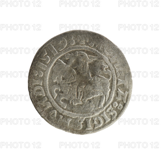Lithuanian half-grosz, Sigismund I the Old (king of Poland; 1506–1548). Obverse: Pursuer (emblem of Lithuania) turned left; in the rim between pearl borders an inscription: A:SIGISMV, DI:1519:. Reverse: Polish eagle with a crown; in the rim between pearly borders an inscription: AG, I:DVCI, LITVA, I, 1519. Polish coin of 1519, Grand Duchy of Lithuania, Vilnius.