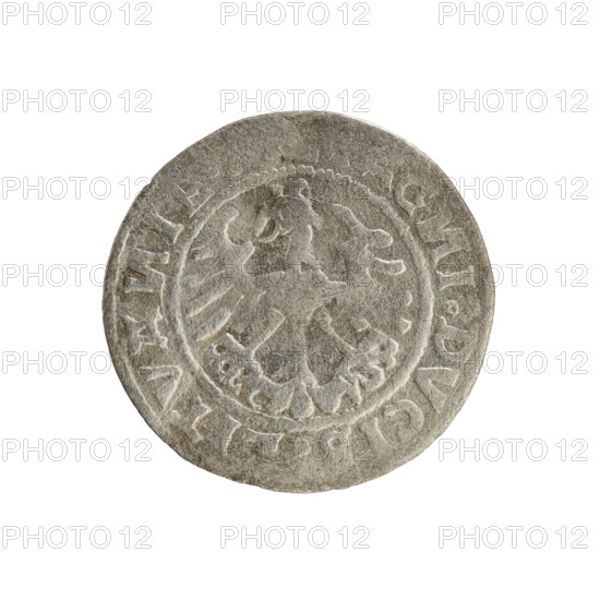 Lithuanian half-grosz, Sigismund I the Old (king of Poland; 1506–1548). Polish coin, Jagiellon dynasty. Obverse: Pursuer (Lithuanian emblem) turned left; in rim between pearl borders an inscription: A:SIGISMV, DI:1519:. Reverse: Crowned Polish eagle; in rim between pearl borders an inscription: AG, I:DVCI, LITVA, I, 1519. Grand Duchy of Lithuania; coin minted in Vilnius, 1519.
