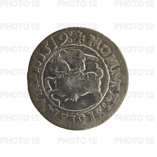 Lithuanian half-grosz, Sigismund I the Old (king of Poland; 1506–1548). Obverse: Pursuer (coat of arms of Lithuania) turned left; in the rim between pearl borders an inscription: + MO, TA:SIGIS, 1519. Reverse: Polish crowned eagle; in the rim between pearl borders an inscription: + MAG, I:DVCIS:LITVA, IE:, 1519. R8 (rarity). Polish coin of the Jagiellonian dynasty; Grand Duchy of Lithuania, Vilnius; silver.