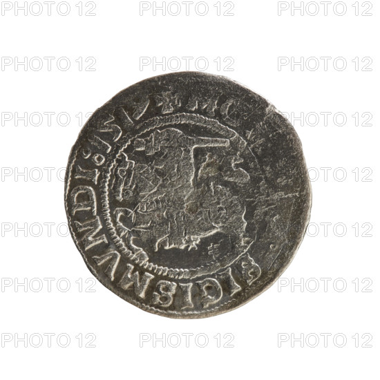 Lithuanian half-grosz, Sigismund I the Old (king of Poland; 1506–1548). Obverse: Chaser (coat of arms; Lithuania) turned left; in the rim between pearl borders an inscription: SIGISMVNDI:1519. Reverse: Polish eagle with crown; in the rim between pearl borders an inscription: A:NI:DVCIS:LITVAN:I, 1519. R8 (rarity). Polish coin from the Jagiellonian dynasty; Grand Duchy of Lithuania, Vilnius.