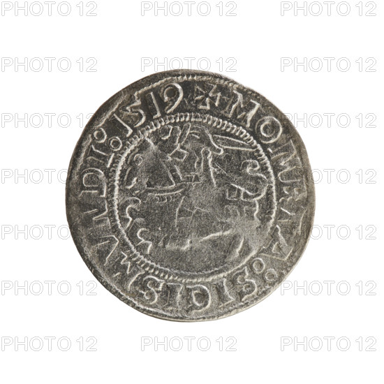 Lithuanian half-grosz, Sigismund I the Old (king of Poland; 1506–1548). Obverse: Pursuer turned left; in the rim between pearl borders an inscription '+ COIN:SIGISMVNDI:1519'. Reverse: Crowned Polish Eagle; in the rim between pearl borders an inscription '+ MAGNI:DVCIS:LITVANIE:.:'. 1519. Grand Duchy of Lithuania (Vilnius), Polish coin.