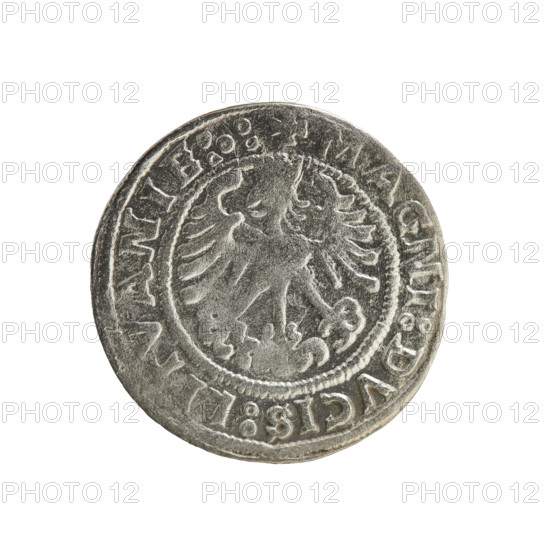 Lithuanian half-grosz, Sigismund I the Old (king of Poland; 1506–1548). Polish coin (1519), Jagiellon dynasty. Obverse: Pursuer (Lithuanian emblem) turned left; rim inscription between pearl borders: + COIN:SIGISMVNDI:1519. Reverse: Crowned Polish eagle; rim inscription between pearl borders: + MAGNI:DVCIS:LITVANIE:.:. Grand Duchy of Lithuania; Vilnius; Poland.