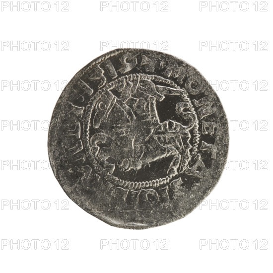 Lithuanian half-grosz, Sigismund I the Old (king of Poland; 1506–1548). Polish coin of the Jagiellon dynasty, 1519. Obverse: Pursuer (Lithuanian emblem) turned left; in the rim between pearl borders an inscription: + COIN:SIGI, NDI:1519. Reverse: Polish crowned eagle; in the rim between pearl borders an inscription: AGNI:DVCIS:LITVA, 1519. Grand Duchy of Lithuania; Vilnius.