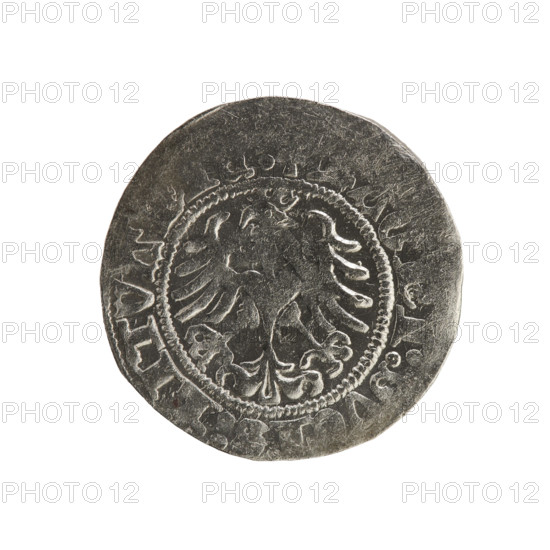 Lithuanian half-grosz, Sigismund I the Old (king of Poland; 1506–1548). Polish coin of the Jagiellon dynasty (1519). Obverse: Pursuer (Lithuanian emblem) turned left; inscription in rim between pearl borders: + COIN:SIGI, NDI:1519. Reverse: Crowned Polish eagle; inscription in rim between pearl borders: AGNI:DVCIS:LITVA, 1519. Grand Duchy of Lithuania; Vilnius; coin.